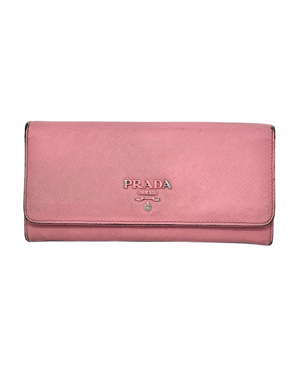 Prada Continental Wallet Pink Saffiano Leather Card Case Incl. Fair Condition